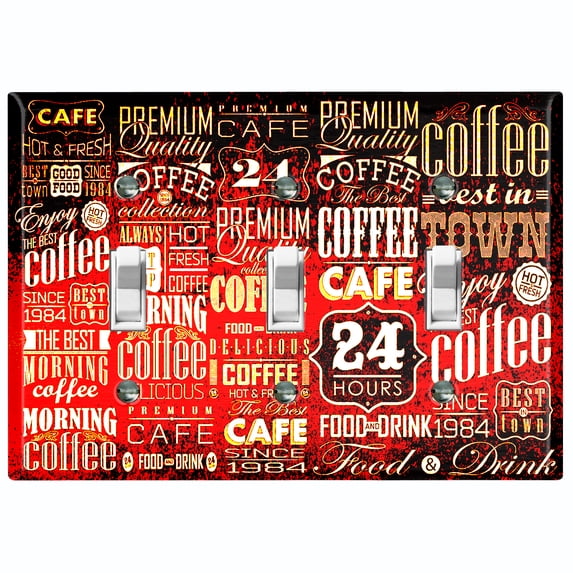 Metal Light Switch Wall Plate Outlet Cover (Coffee Shop Cafe Restaurant Sign Red / Black - Triple Toggle)