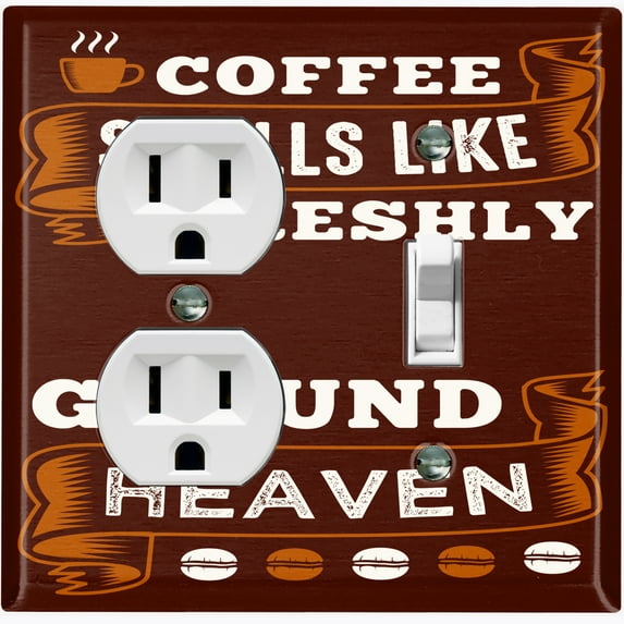 Metal Light Switch Wall Plate Outlet Cover (Coffee Smells Like Heaven Brown - Single Duplex Single Toggle)