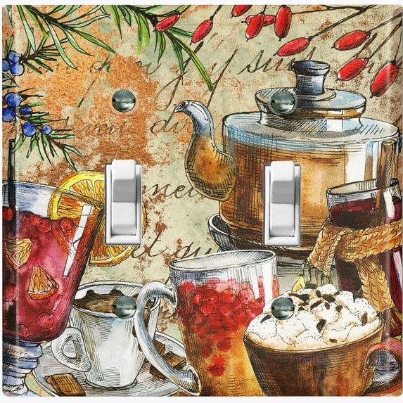 Metal Light Switch Wall Plate Outlet Cover (Coffee Tea Party Kettle Mocha Drinks - Double Toggle)