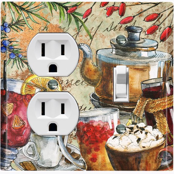 Metal Light Switch Wall Plate Outlet Cover (Coffee Tea Party Kettle Mocha Drinks - Single Duplex Single Toggle)
