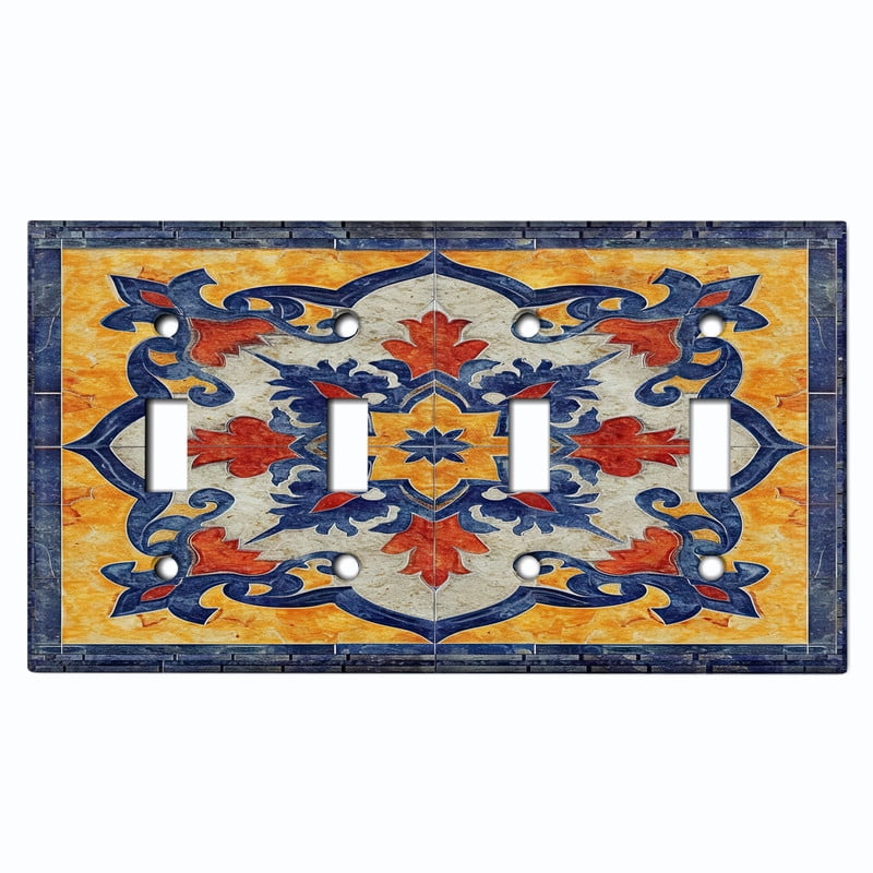 Metal Light Switch Wall Plate Outlet Cover (Colorful Moroccan Tile - Quad Toggle)