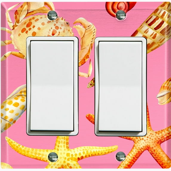 Metal Light Switch Wall Plate Outlet Cover (Colorful Ocean Crab Star Fish Sea Shell Pink - Double Rocker)