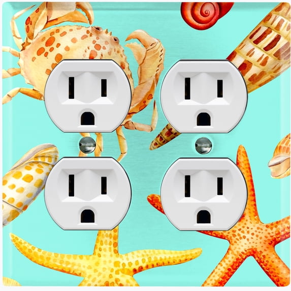 Metal Light Switch Wall Plate Outlet Cover (Colorful Ocean Crab Star Fish Sea Shell Teal - Double Duplex)