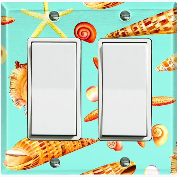Metal Light Switch Wall Plate Outlet Cover (Colorful Ocean Crab Star Fish Sea Shell Teal - Double Rocker)