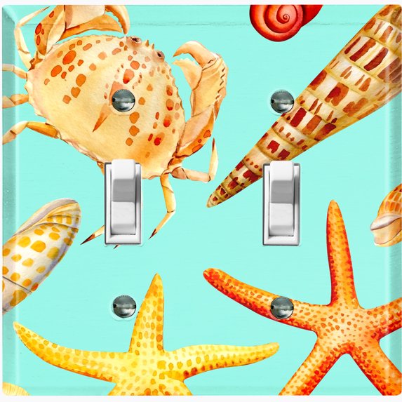 Metal Light Switch Wall Plate Outlet Cover (Colorful Ocean Crab Star Fish Sea Shell Teal - Double Toggle)