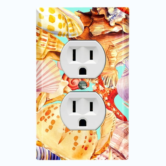 Metal Light Switch Wall Plate Outlet Cover (Colorful Ocean Crab Star Fish Sea Shell Teal - Single Duplex)