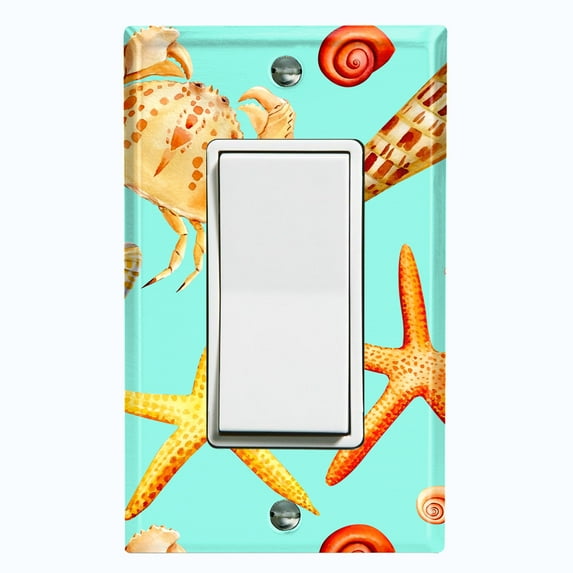 Metal Light Switch Wall Plate Outlet Cover (Colorful Ocean Crab Star Fish Sea Shell Teal - Single Rocker)