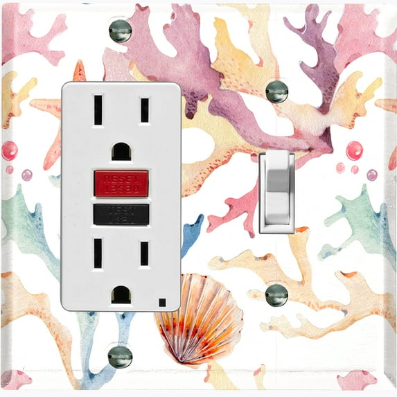 Metal Light Switch Wall Plate Outlet Cover (Colorful Ocean Sea Coral Reef Shell Clam White - Single Rocker Single Toggle)