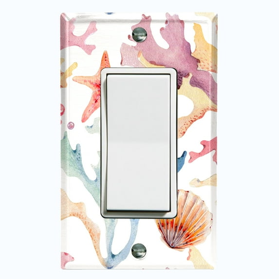 Metal Light Switch Wall Plate Outlet Cover (Colorful Ocean Sea Coral Reef Shell Clam White - Single Rocker)