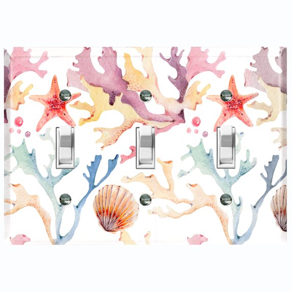 Metal Light Switch Wall Plate Outlet Cover (Colorful Ocean Sea Coral Reef Shell Clam White - Triple Toggle)
