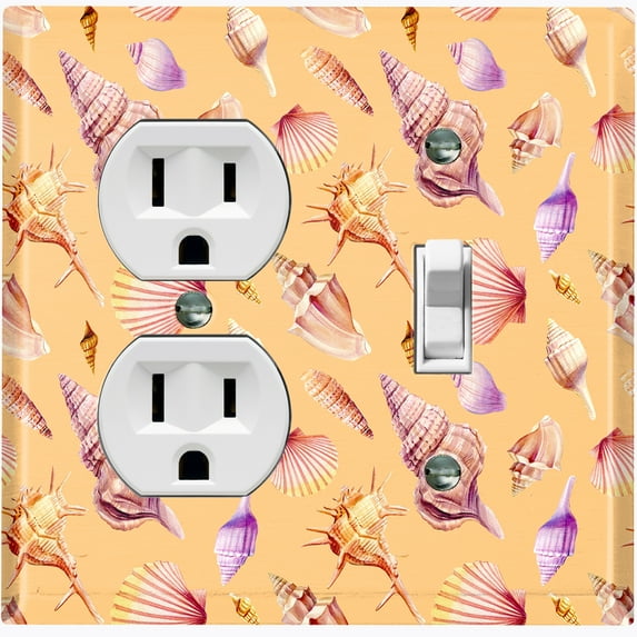 Metal Light Switch Wall Plate Outlet Cover (Colorful Ocean Sea Shells Orange - Single Duplex Single Toggle)