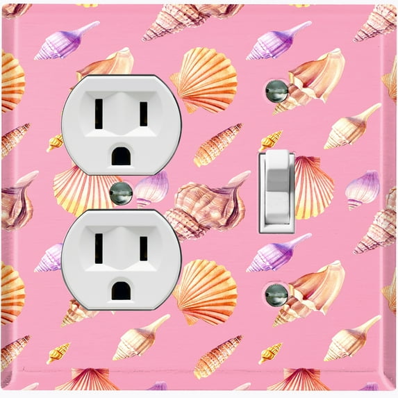 Metal Light Switch Wall Plate Outlet Cover (Colorful Ocean Sea Shells Pink - Single Duplex Single Toggle)
