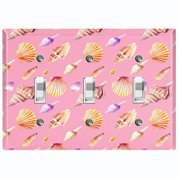 Metal Light Switch Wall Plate Outlet Cover (Colorful Ocean Sea Shells Pink - Triple Toggle)