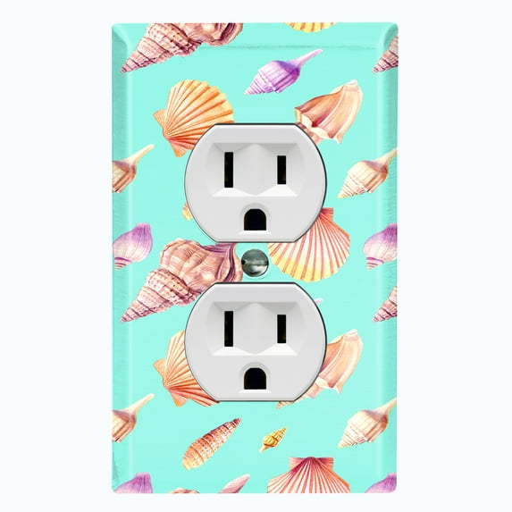 Metal Light Switch Wall Plate Outlet Cover (Colorful Ocean Sea Shells Teal - Single Duplex)