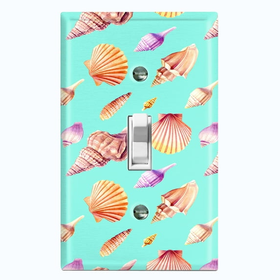 Metal Light Switch Wall Plate Outlet Cover (Colorful Ocean Sea Shells Teal - Single Toggle)