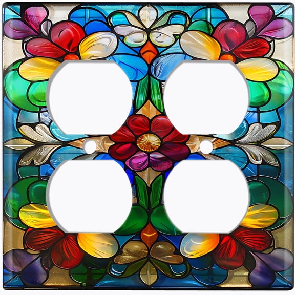 Metal Light Switch Wall Plate Outlet Cover (Colorful Stained Glass Flowers - Double Duplex)