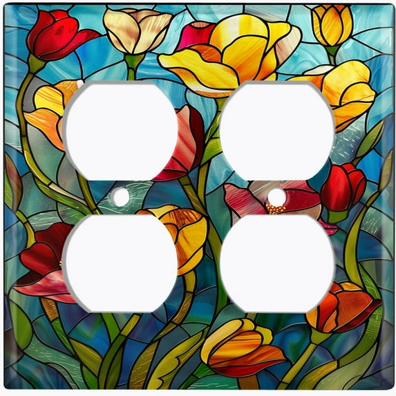 Metal Light Switch Wall Plate Outlet Cover (Colorful Stained Glass Flowers - Double Duplex)