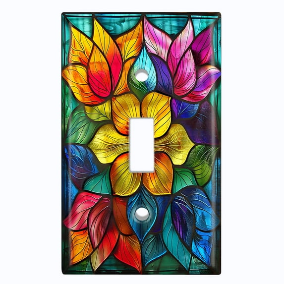Metal Light Switch Wall Plate Outlet Cover (Colorful Stained Glass Flowers - Single Toggle)