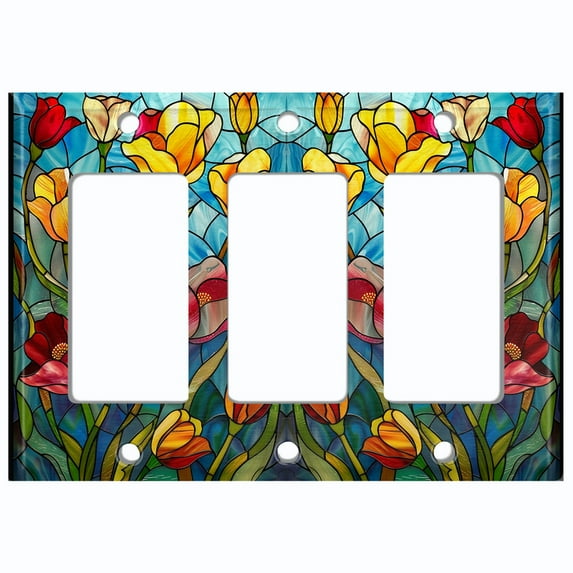 Metal Light Switch Wall Plate Outlet Cover (Colorful Stained Glass Flowers - Triple GFI/Rocker)