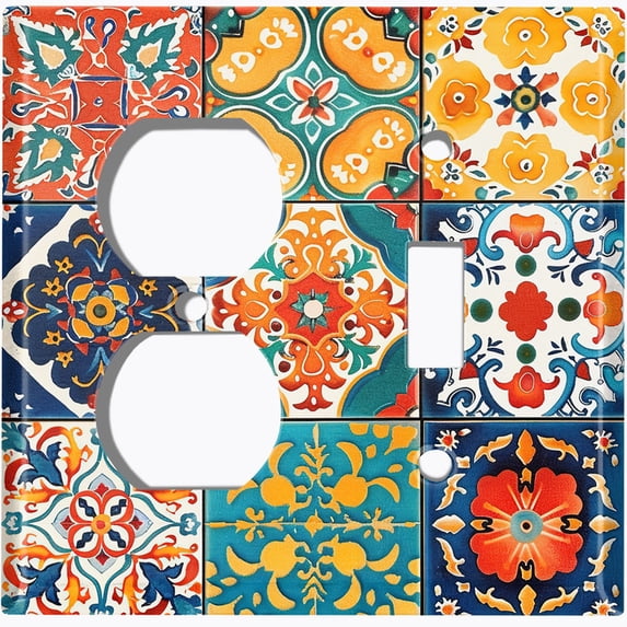 Metal Light Switch Wall Plate Outlet Cover (Colorful Talavera Tiles - 2 Gang Duplex/Toggle)