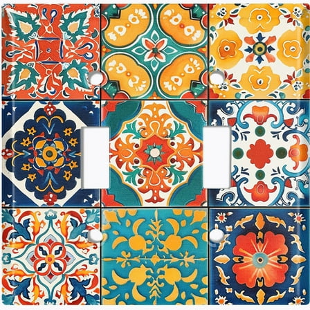 Metal Light Switch Wall Plate Outlet Cover (Colorful Talavera Tiles - Double Toggle)