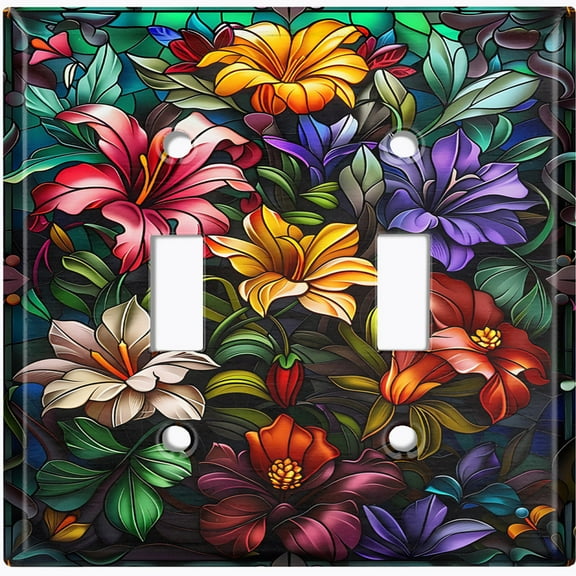Metal Light Switch Wall Plate Outlet Cover (Colorful Vibrant Stained Glass Flower Bed - Double Toggle)