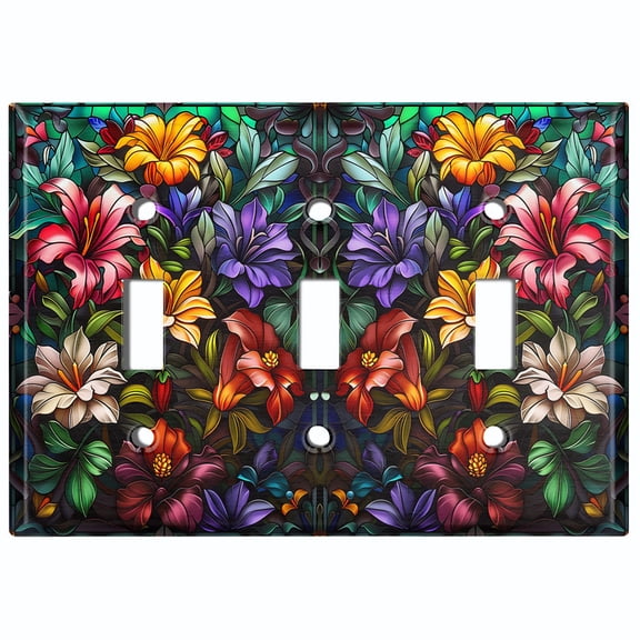 Metal Light Switch Wall Plate Outlet Cover (Colorful Vibrant Stained Glass Flower Bed - Triple Toggle)
