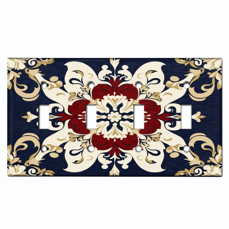 Metal Light Switch Wall Plate Outlet Cover (Damask Medierranean Tile - Quad Toggle)