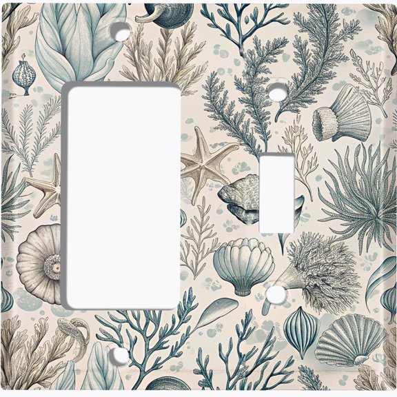 Metal Light Switch Wall Plate Outlet Cover (Damask Ocean Plants and Shells - 2 Gang GFI Rocker/Toggle)