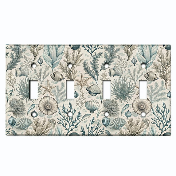 Metal Light Switch Wall Plate Outlet Cover (Damask Ocean Plants and Shells - Quad Toggle)