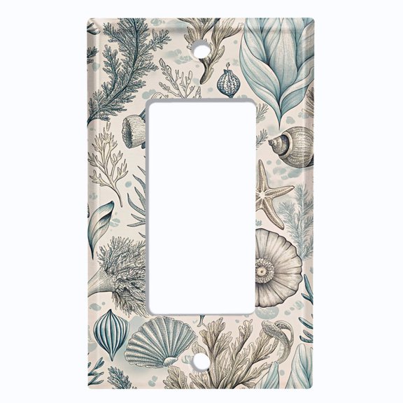 Metal Light Switch Wall Plate Outlet Cover (Damask Ocean Plants and Shells - Single GFI/Rocker)