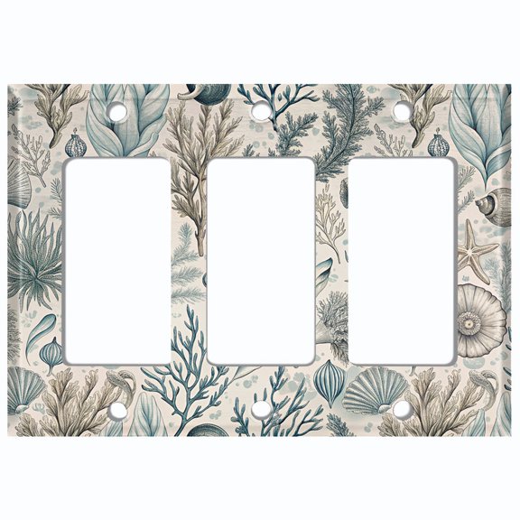 Metal Light Switch Wall Plate Outlet Cover (Damask Ocean Plants and Shells - Triple GFI/Rocker)