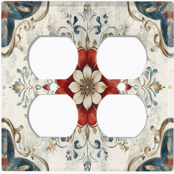 Metal Light Switch Wall Plate Outlet Cover (Damask Vintage Floral Pattern - Double Duplex)