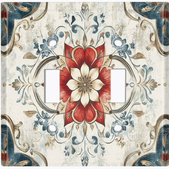 Metal Light Switch Wall Plate Outlet Cover (Damask Vintage Floral Pattern - Double Toggle)