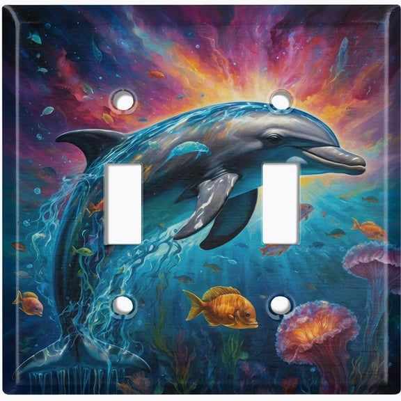 Metal Light Switch Wall Plate Outlet Cover (Dolphin with Ocean Sunset - Double Toggle)