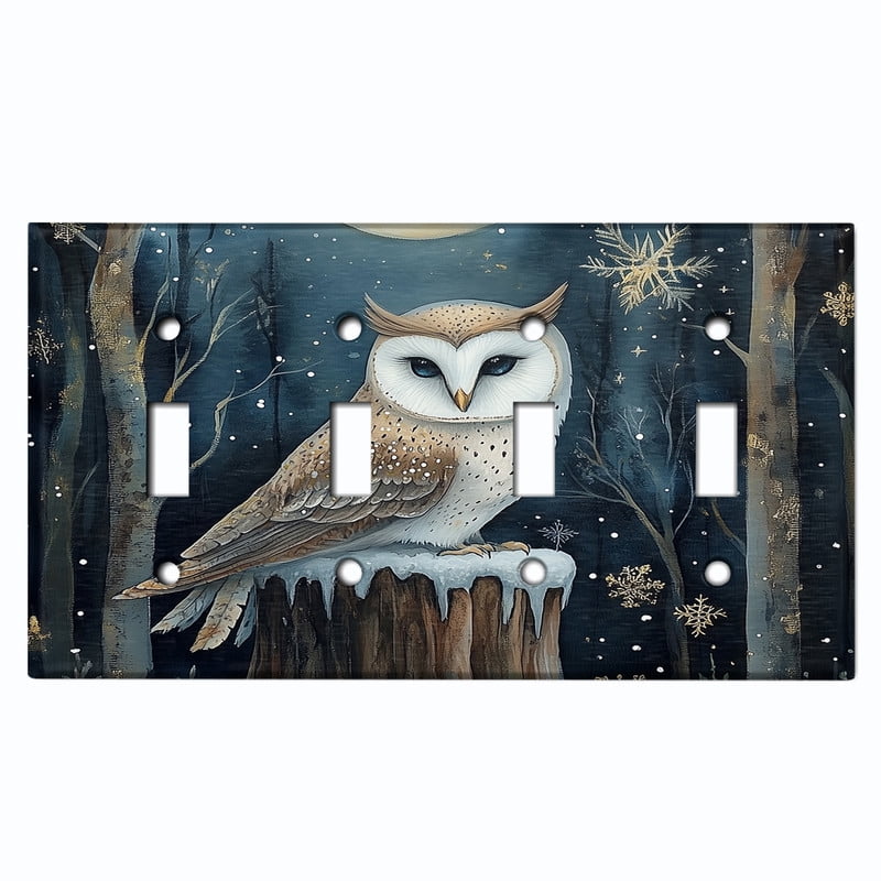 Metal Light Switch Wall Plate Outlet Cover (Enchanted Forest with Owl - Quad Toggle)