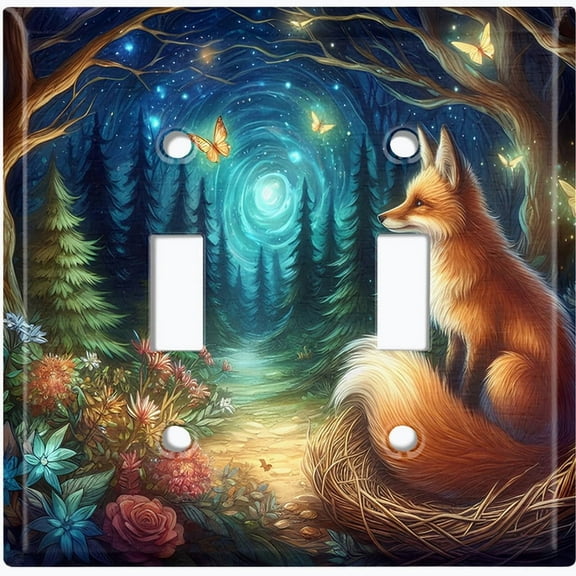 Metal Light Switch Wall Plate Outlet Cover (Fox Under a Mystic Night Sky - Double Toggle)