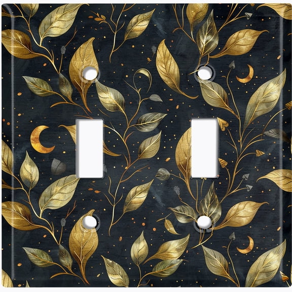 Metal Light Switch Wall Plate Outlet Cover (Golden Leaf Dark Pattern - Double Toggle)