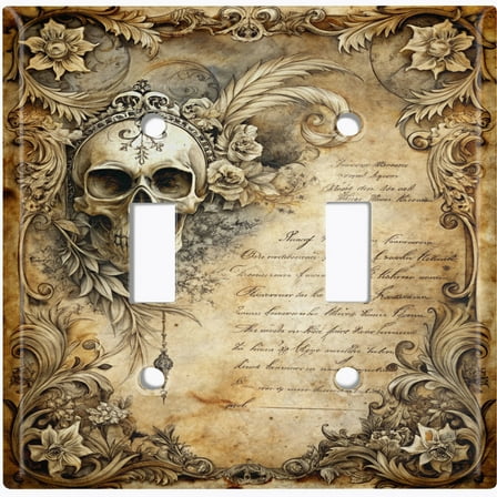Metal Light Switch Wall Plate Outlet Cover (Gothic Skull and Script Motif - Double Toggle)
