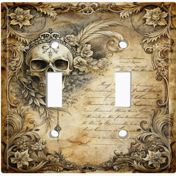 Metal Light Switch Wall Plate Outlet Cover (Gothic Skull and Script Motif - Double Toggle)