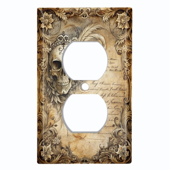 Metal Light Switch Wall Plate Outlet Cover (Gothic Skull and Script Motif - Single Duplex)