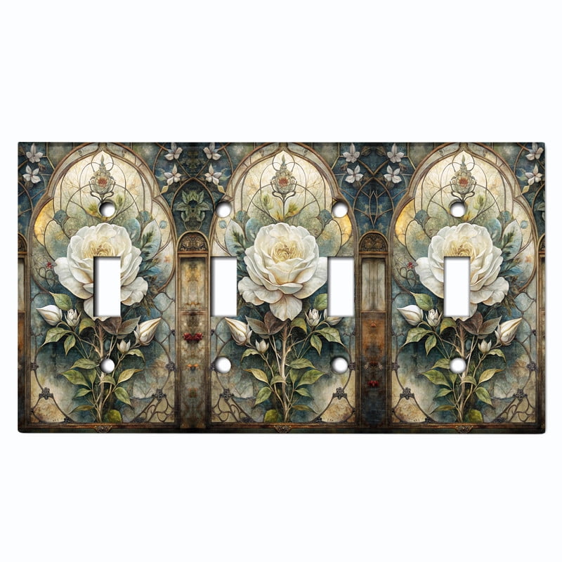 Metal Light Switch Wall Plate Outlet Cover (Gothic White Rose Flower - Quad Toggle)