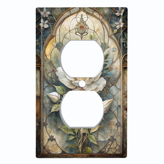 Metal Light Switch Wall Plate Outlet Cover (Gothic White Rose Flower - Single Duplex)