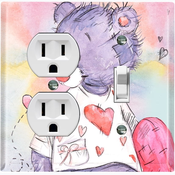 Metal Light Switch Wall Plate Outlet Cover (Love Friend Purple Teddy Bear Heart Pillow - Single Duplex Single Toggle)