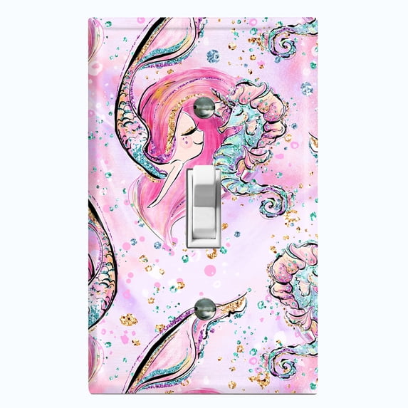 Metal Light Switch Wall Plate Outlet Cover (Mermaid Seahorse Glitter Print Pink - Single Toggle)