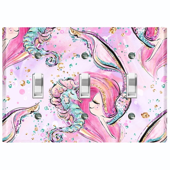 Metal Light Switch Wall Plate Outlet Cover (Mermaid Seahorse Glitter Print Pink - Triple Toggle)