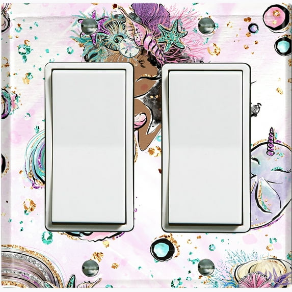 Metal Light Switch Wall Plate Outlet Cover (Mermaid Unicorn Pattern Glitter Print Pastel - Double Rocker)