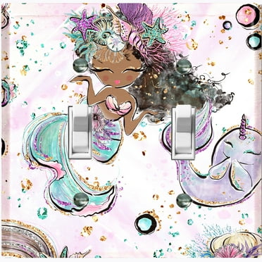 Metal Light Switch Wall Plate Outlet Cover (Mermaid Unicorn Pattern Glitter Print Pastel - Double Toggle)