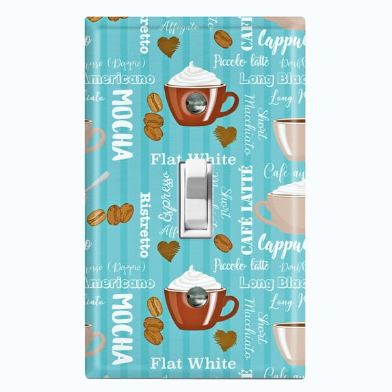 Metal Light Switch Wall Plate Outlet Cover (Mocha Coffee Bean Espresso Cup Cappuccino Light Teal - Single Toggle)