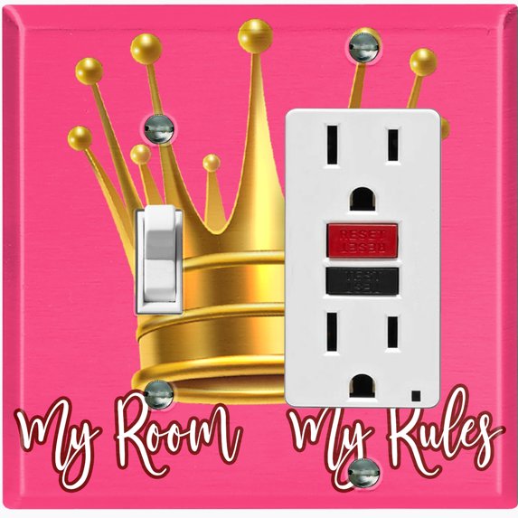Metal Light Switch Wall Plate Outlet Cover (My Room My Rules Crown Pink Tilted - Single Toggle Single Rocker)
